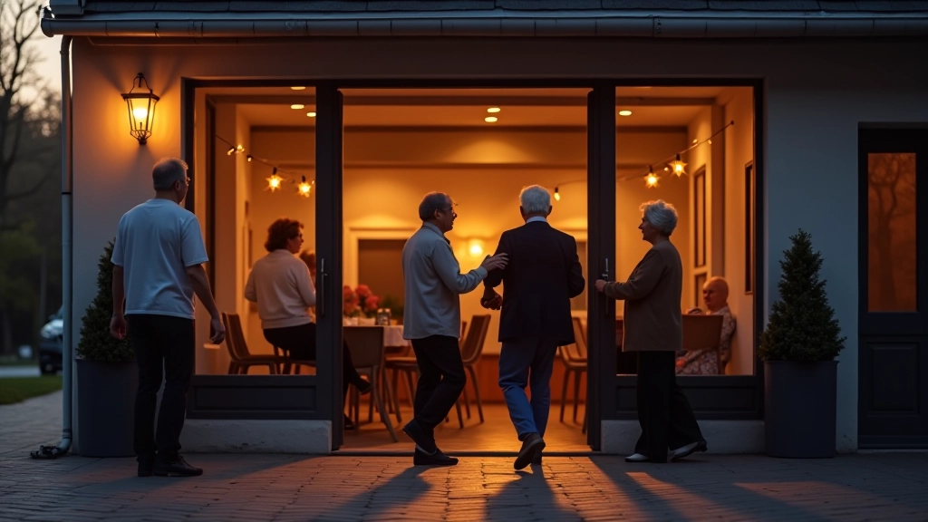 Street view of a community centre building in Daugavpils with people entering for an evening event