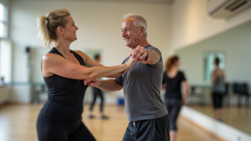 Dance instructor demonstrating proper posture and form to a senior student in a bright studio