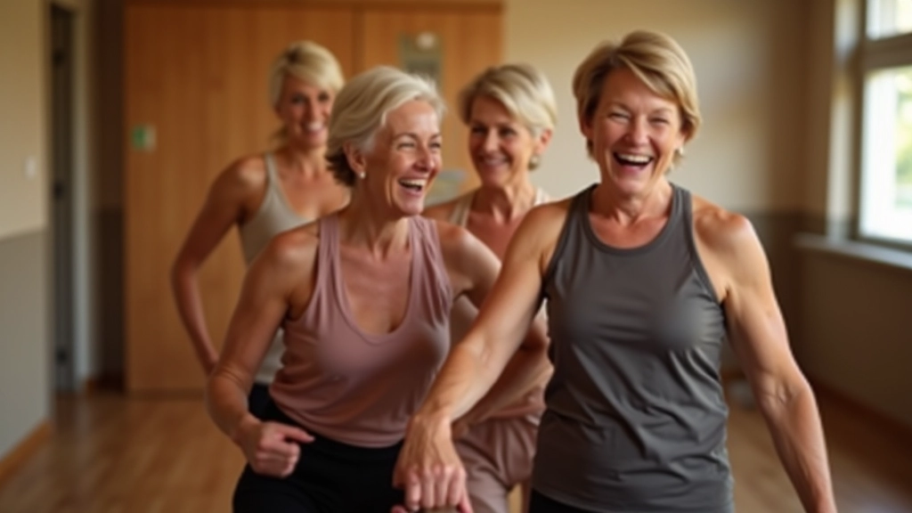 Group of seniors laughing together during a dance class, showing joy and social connection