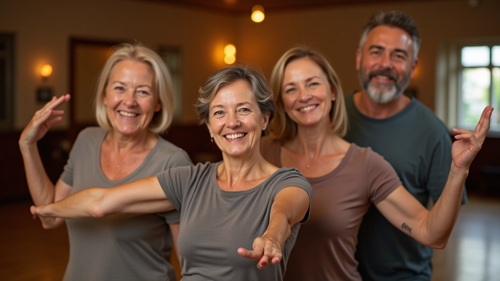 Group of seniors aged 50-70 dancing together in a circle formation, joyful expressions visible