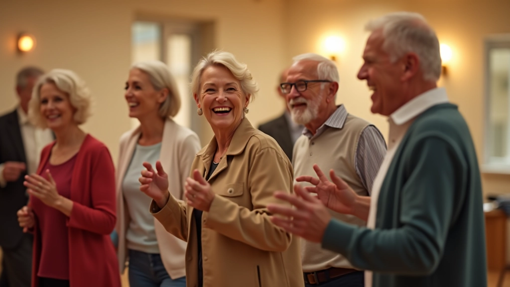 Group of mature adults laughing and dancing together in a community centre, enjoying a social dance evening