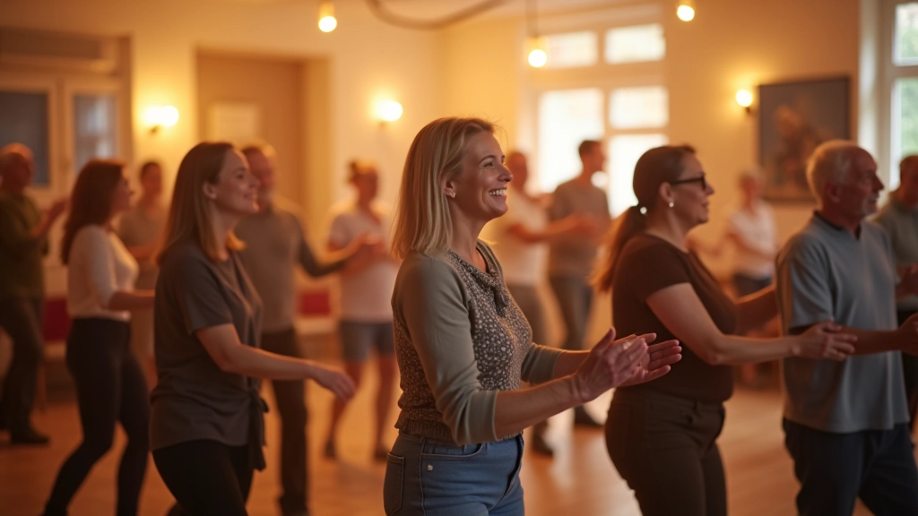 Mature adults dancing together at a community event