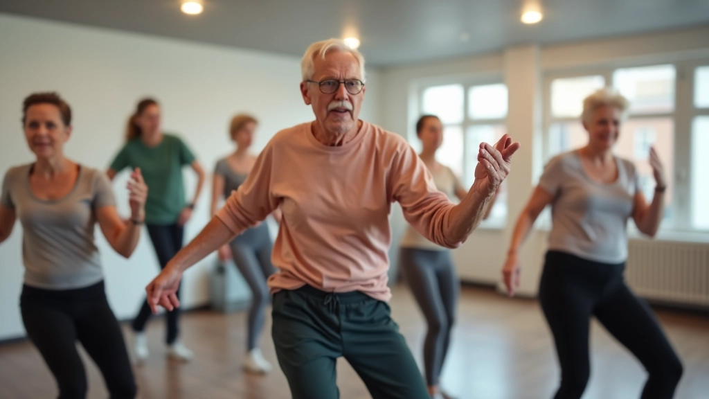 Group of seniors exercising together in a fitness class, moving with energy and enthusiasm