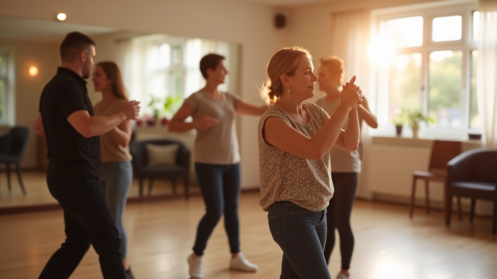 Instructor demonstrating dance technique with mature learners