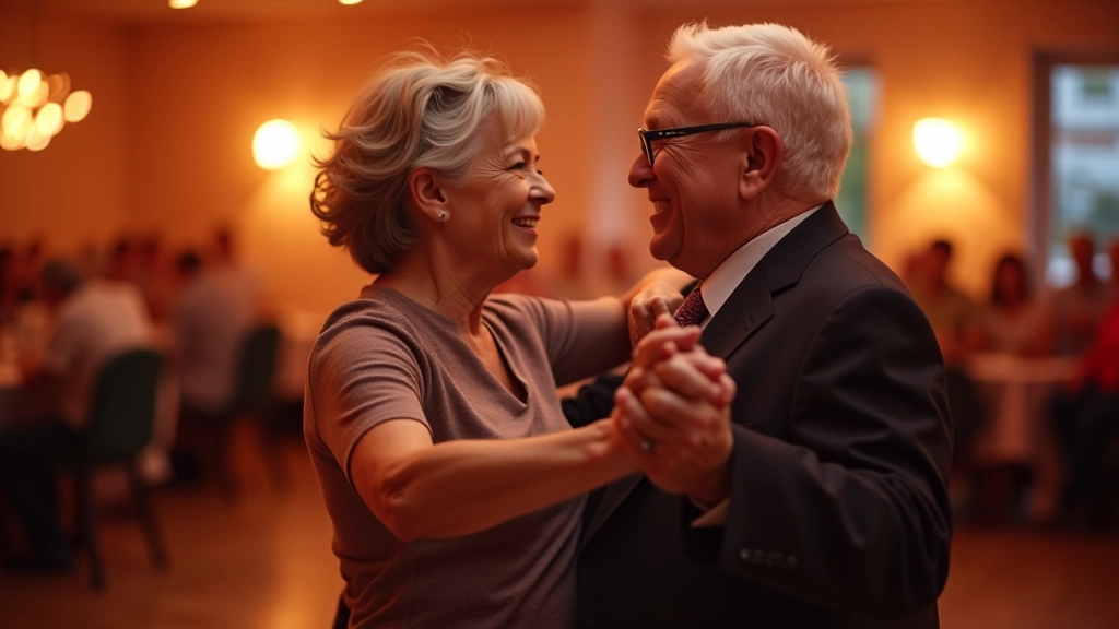 Social dance evening at a community venue with multiple couples dancing and socializing together