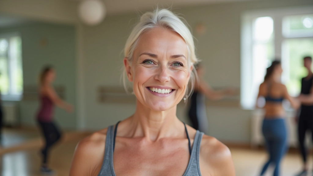 Mature woman aged 55 with warm smile, portrait from chest up, wearing casual dance attire in a bright studio